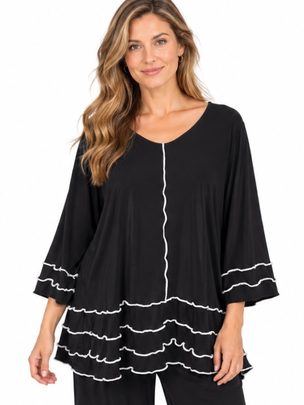 IC BY CONNIE K Size XL White Detailed Long Tunic Black Stretch Pullover